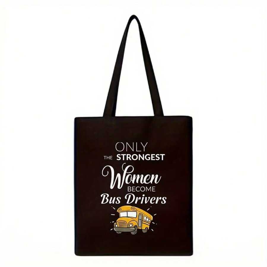 1pc Women Becoming Bus Drivers Motivational Canvas Tote Bag- Retro Vintage School Bus Graphic Print, Lightweight Reusable Foldable Shoulder Bag For Daily Commuting, Stylish Casual Gift For Women, Bus