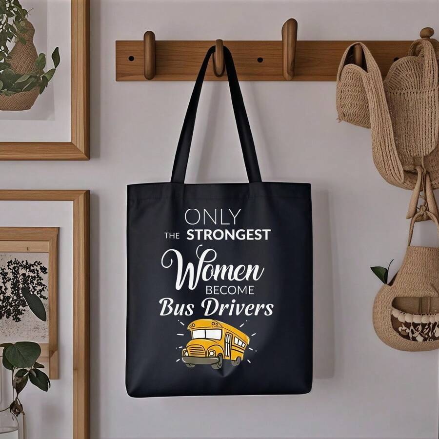 1pc Women Becoming Bus Drivers Motivational Canvas Tote Bag- Retro Vintage School Bus Graphic Print, Lightweight Reusable Foldable Shoulder Bag For Daily Commuting, Stylish Casual Gift For Women, Bus
