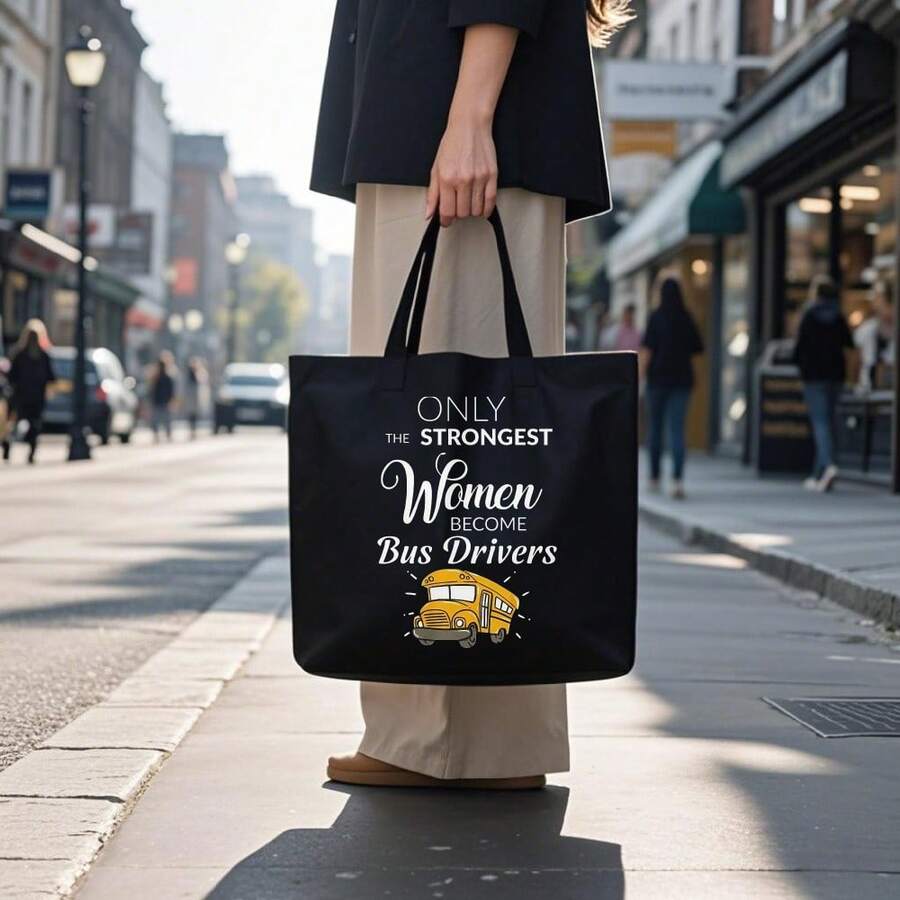 1pc Women Becoming Bus Drivers Motivational Canvas Tote Bag- Retro Vintage School Bus Graphic Print, Lightweight Reusable Foldable Shoulder Bag For Daily Commuting, Stylish Casual Gift For Women, Bus