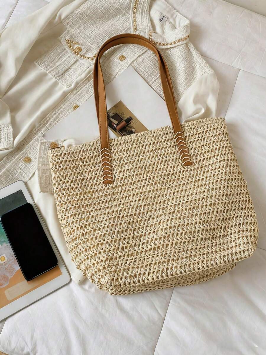 Classic Fashion Straw Bag Casual Minimalist Large Capacity Shoulder Tote Bag, Summer, Beach Bags
