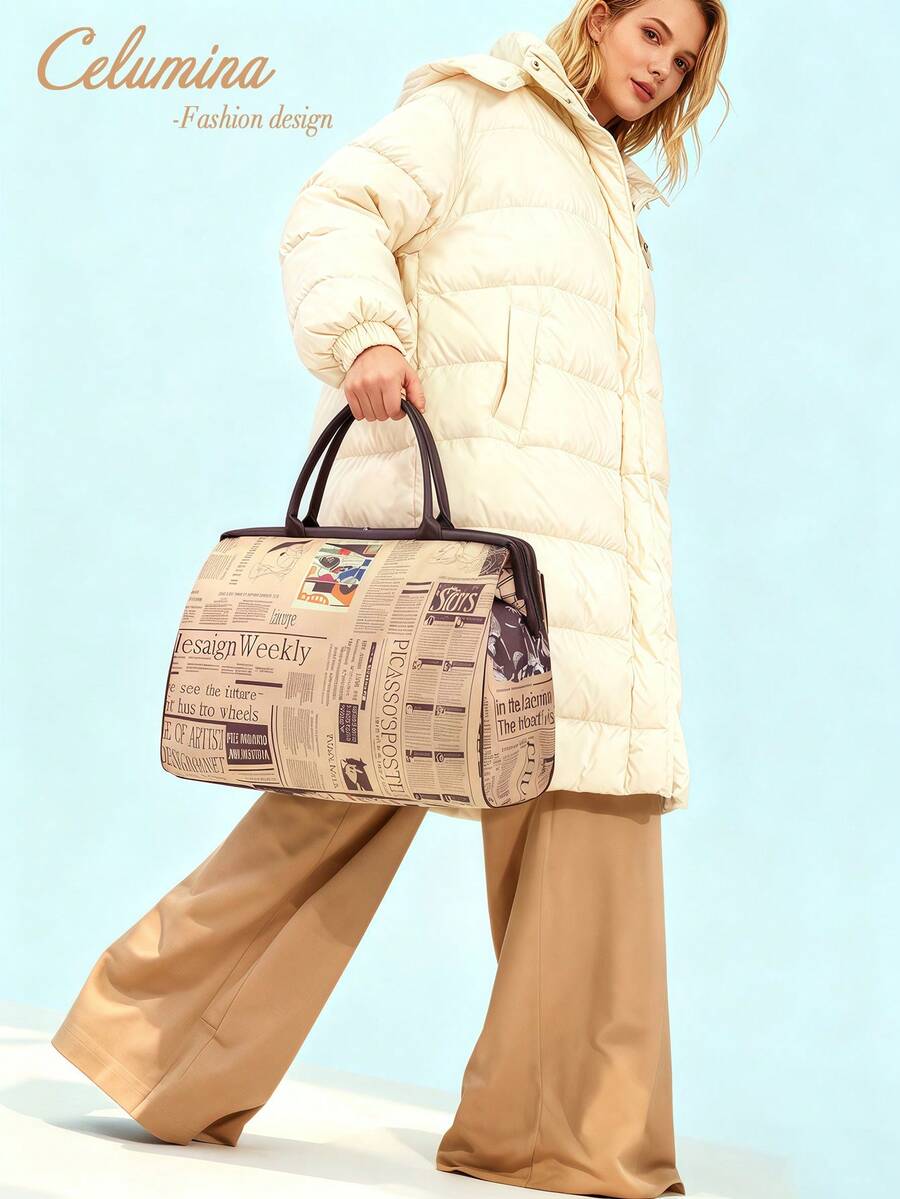 Ladies' Vintage Newspaper Print Canvas Handbag Elegant Tote Bag Large Purses Beach Bag For Everyday Back To School Travel Essential Birthday Gift