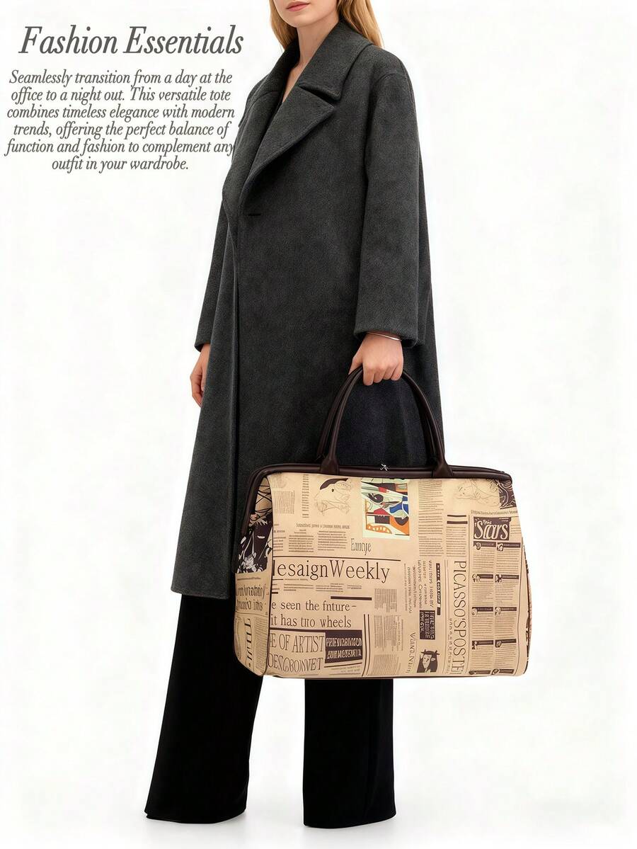 Ladies' Vintage Newspaper Print Canvas Handbag Elegant Tote Bag Large Purses Beach Bag For Everyday Back To School Travel Essential Birthday Gift