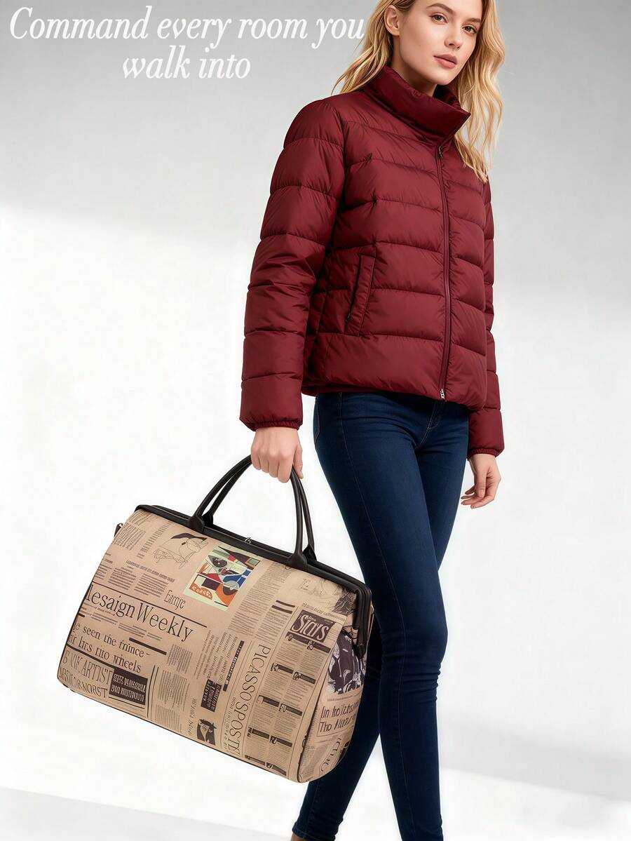 Ladies' Vintage Newspaper Print Canvas Handbag Elegant Tote Bag Large Purses Beach Bag For Everyday Back To School Travel Essential Birthday Gift