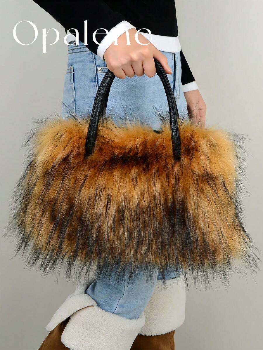 Furry Shoulder Bag For Women Fuzzy Faux Fur Large Tote Handbag Cute Soft Fluffy Purse Winter Lightweight Puffy Hobo Crossbody Bag With Compartments