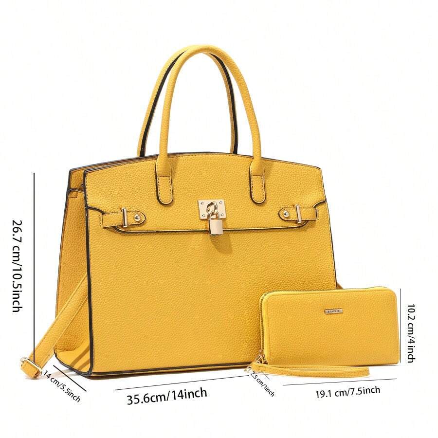 ZENG Classic Large Women's PU Leather Tote Handbag With Matching Zip Wallet, Elegant Structured Purse With Lock Top Handles