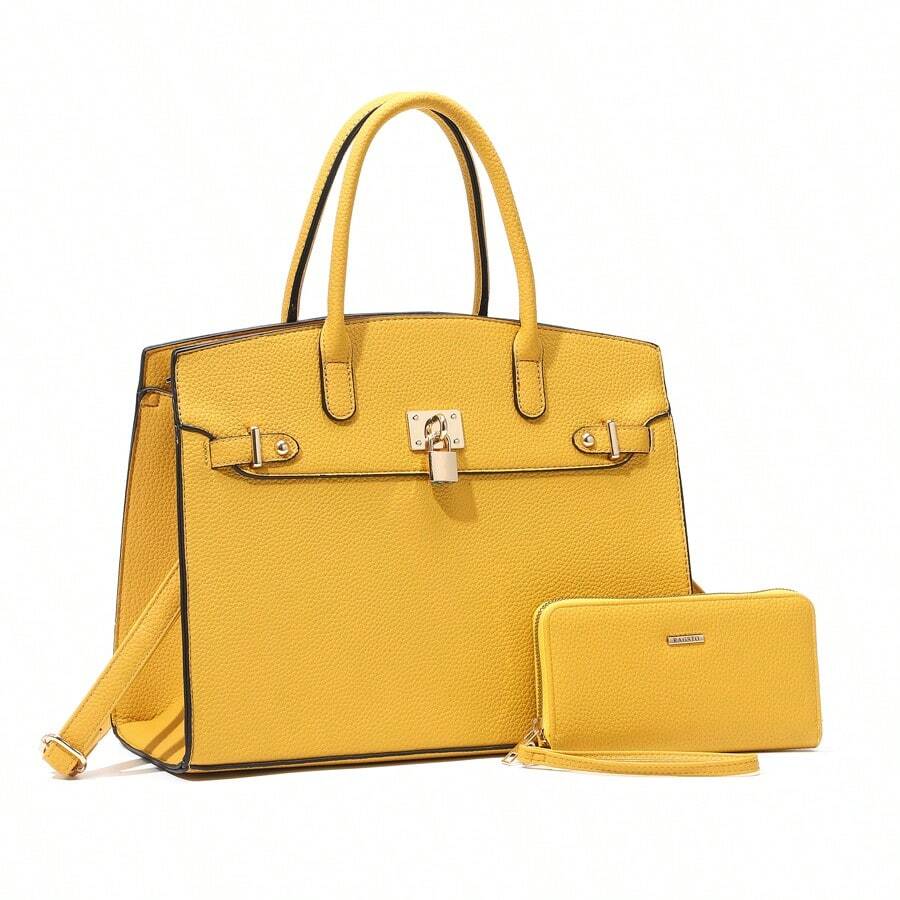 ZENG Classic Large Women's PU Leather Tote Handbag With Matching Zip Wallet, Elegant Structured Purse With Lock Top Handles