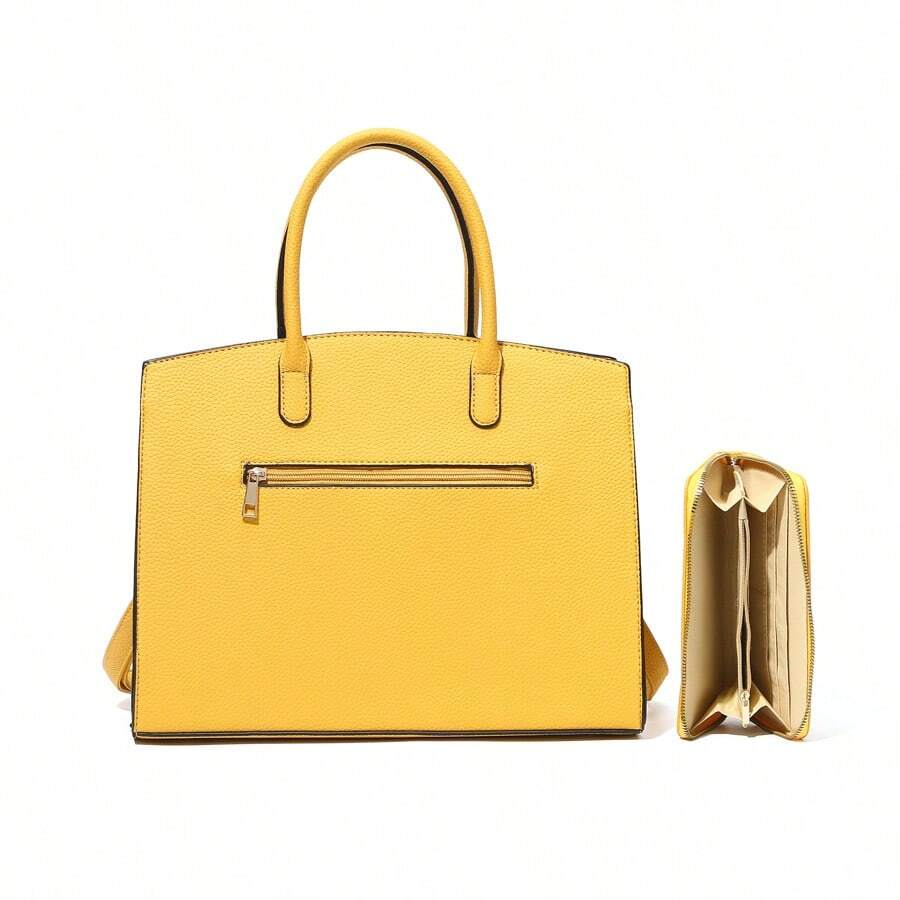 ZENG Classic Large Women's PU Leather Tote Handbag With Matching Zip Wallet, Elegant Structured Purse With Lock Top Handles