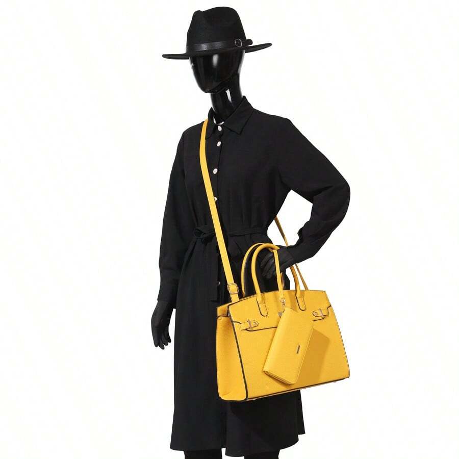 ZENG Classic Large Women's PU Leather Tote Handbag With Matching Zip Wallet, Elegant Structured Purse With Lock Top Handles