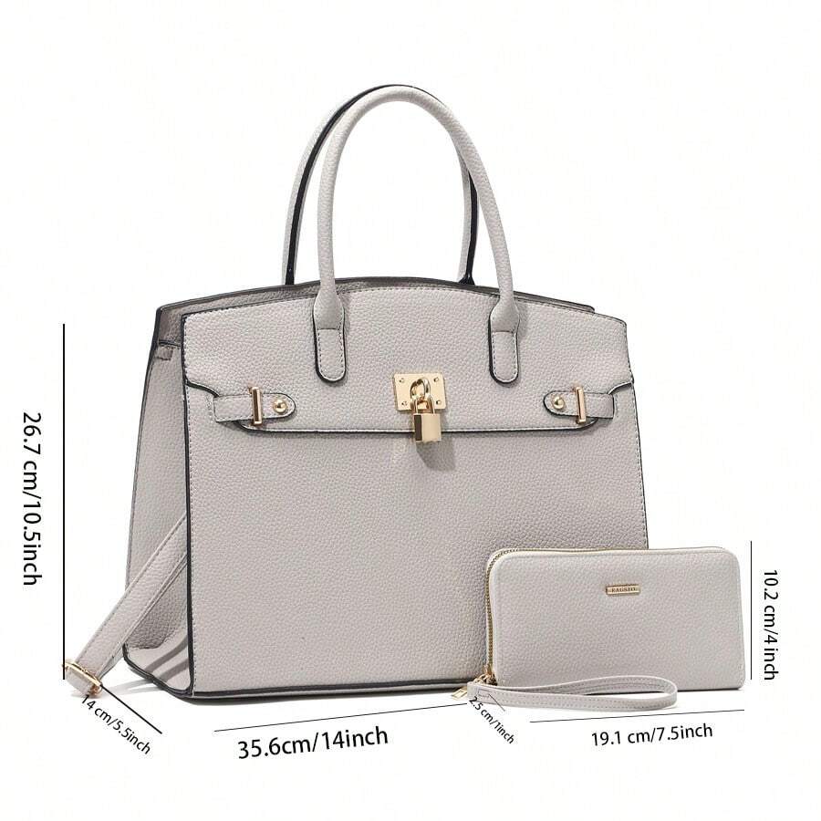 ZENG Classic Large Women's PU Leather Tote Handbag With Matching Zip Wallet, Elegant Structured Purse With Lock Top Handles