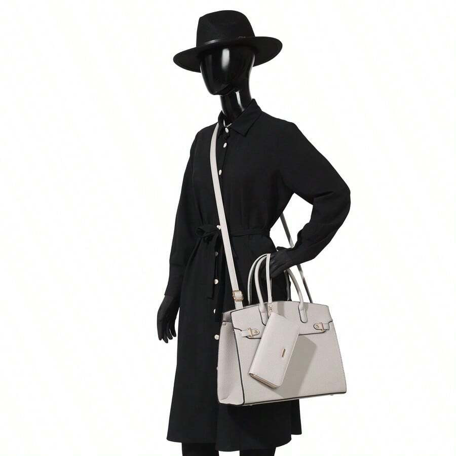 ZENG Classic Large Women's PU Leather Tote Handbag With Matching Zip Wallet, Elegant Structured Purse With Lock Top Handles