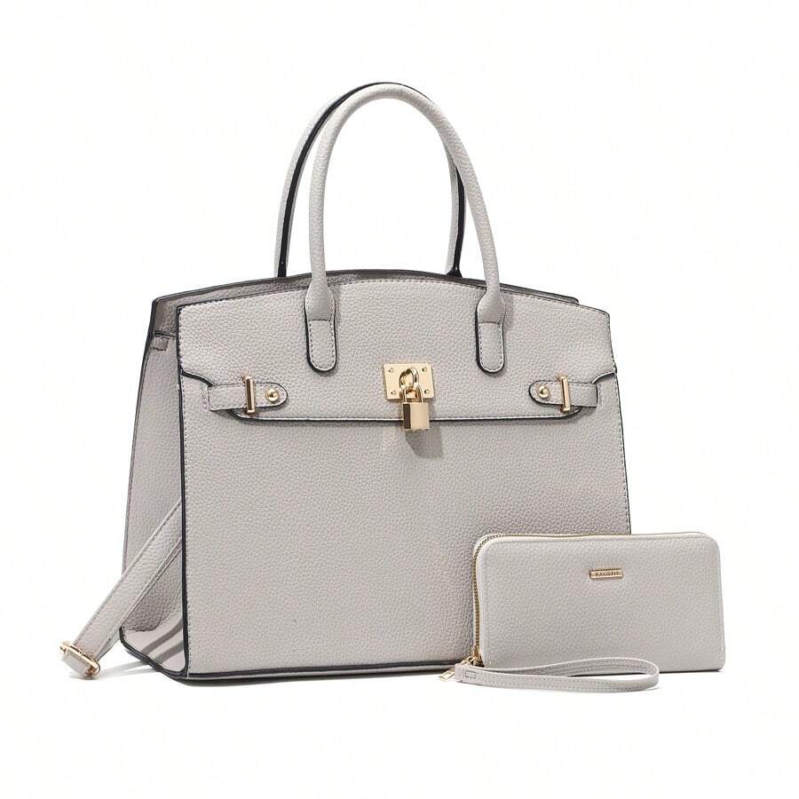 ZENG Classic Large Women's PU Leather Tote Handbag With Matching Zip Wallet, Elegant Structured Purse With Lock Top Handles