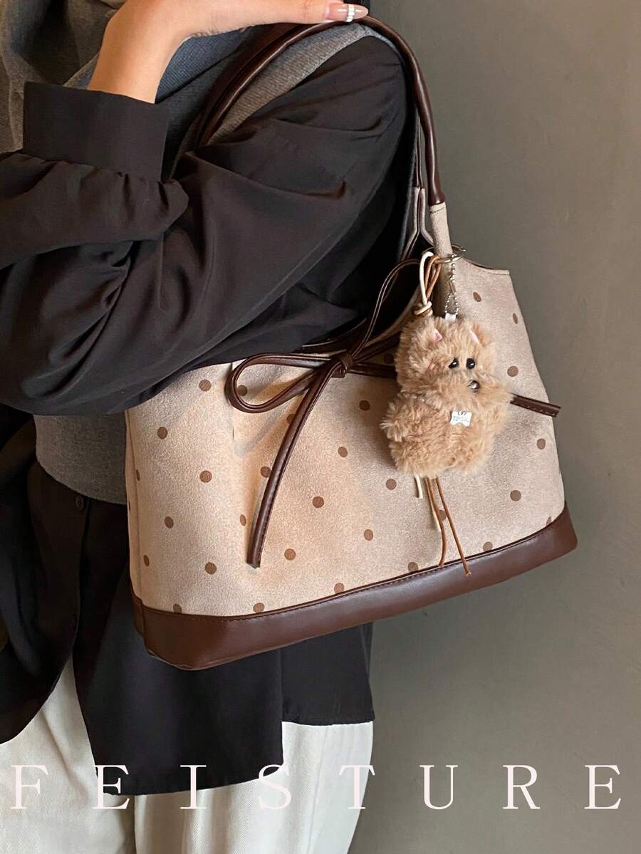 FEISTURE 1pc Polka Dot Flocked Fashion Women's Handbag, Shoulder Tote Bag, Suitable For Daily Outings, Dates, Commuting, Sold With Pendant