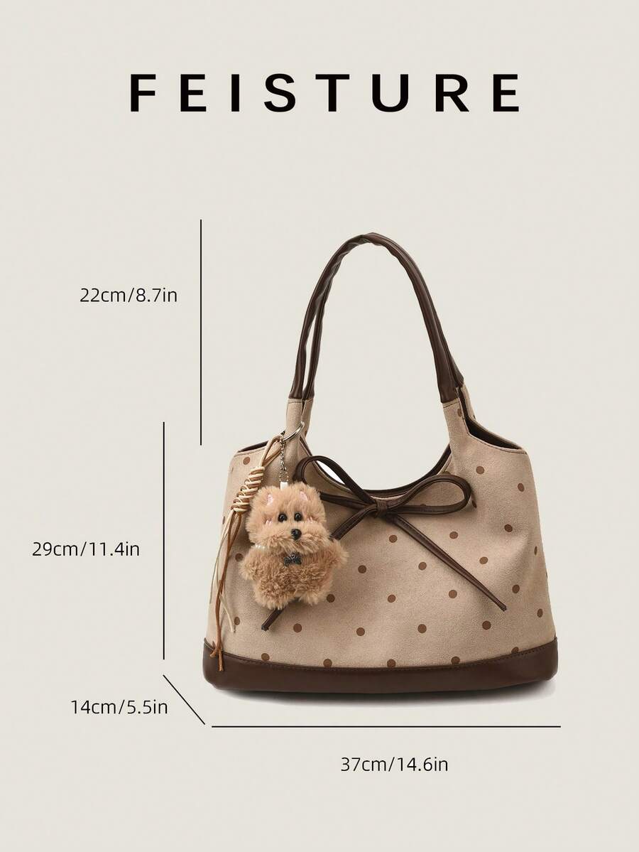 FEISTURE 1pc Polka Dot Flocked Fashion Women's Handbag, Shoulder Tote Bag, Suitable For Daily Outings, Dates, Commuting, Sold With Pendant