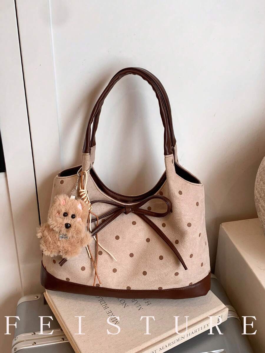 FEISTURE 1pc Polka Dot Flocked Fashion Women's Handbag, Shoulder Tote Bag, Suitable For Daily Outings, Dates, Commuting, Sold With Pendant