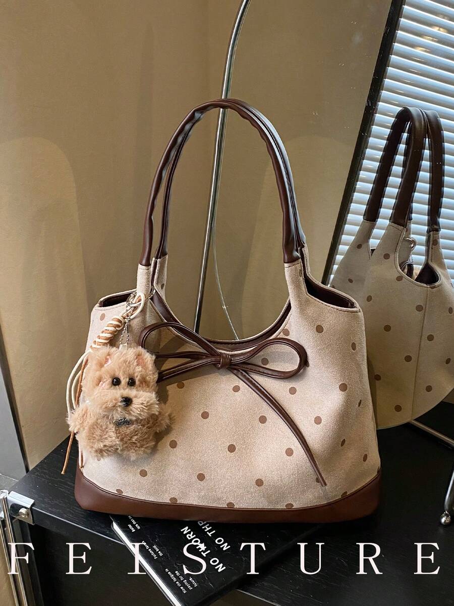 FEISTURE 1pc Polka Dot Flocked Fashion Women's Handbag, Shoulder Tote Bag, Suitable For Daily Outings, Dates, Commuting, Sold With Pendant