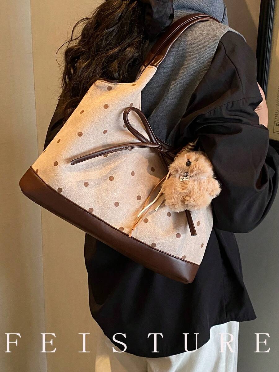 FEISTURE 1pc Polka Dot Flocked Fashion Women's Handbag, Shoulder Tote Bag, Suitable For Daily Outings, Dates, Commuting, Sold With Pendant