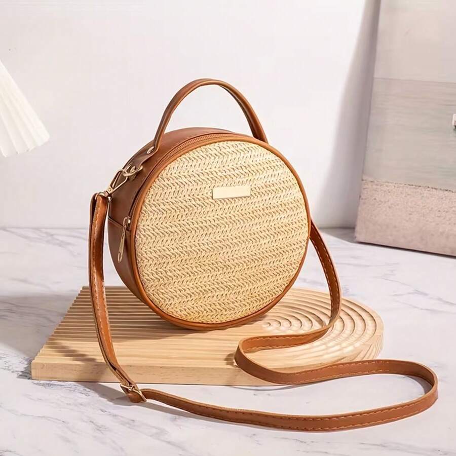 Brown Woven Straw Beach Bag, Summer Casual Vacation Tote Handbag, Women's Shoulder Crossbody Bag, Business Commuter Crossbody Bag, And Small Handbag For Daily Office Use. Suitable For Girls, Female Co