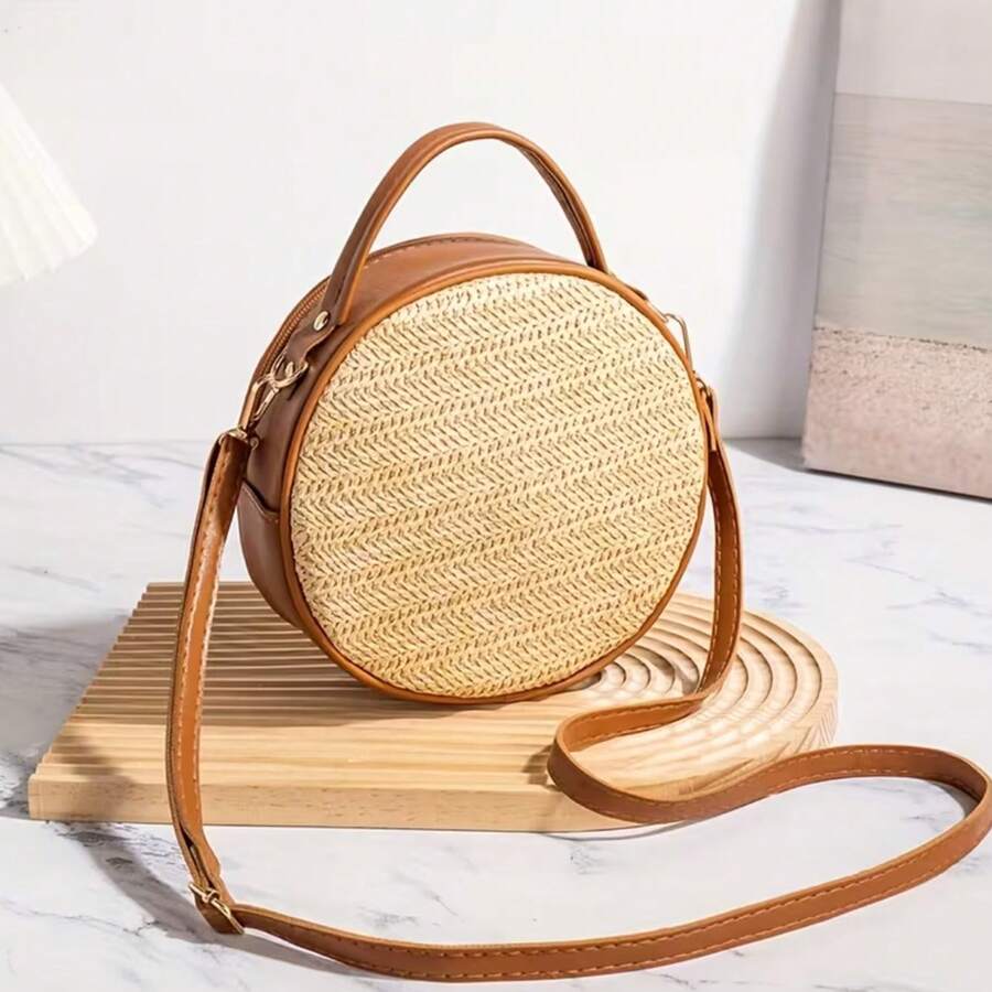 Brown Woven Straw Beach Bag, Summer Casual Vacation Tote Handbag, Women's Shoulder Crossbody Bag, Business Commuter Crossbody Bag, And Small Handbag For Daily Office Use. Suitable For Girls, Female Co