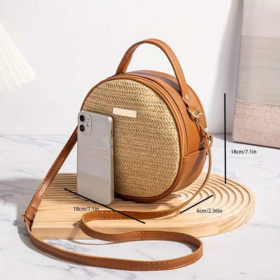 Brown Woven Straw Beach Bag, Summer Casual Vacation Tote Handbag, Women's Shoulder Crossbody Bag, Business Commuter Crossbody Bag, And Small Handbag For Daily Office Use. Suitable For Girls, Female Co