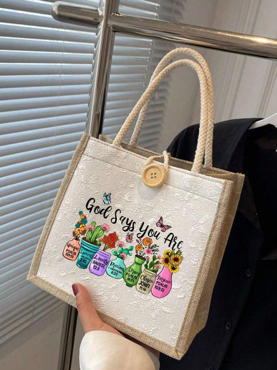 Minimalist Christian Graphic Linen Tote Bag, "God Says You Are Unique", Ideal For Travel And Vacation, Best Gift To Express Faith, Button Decor Shopping Bag, Dual Handles, Reusable Tote Bag, Suitable