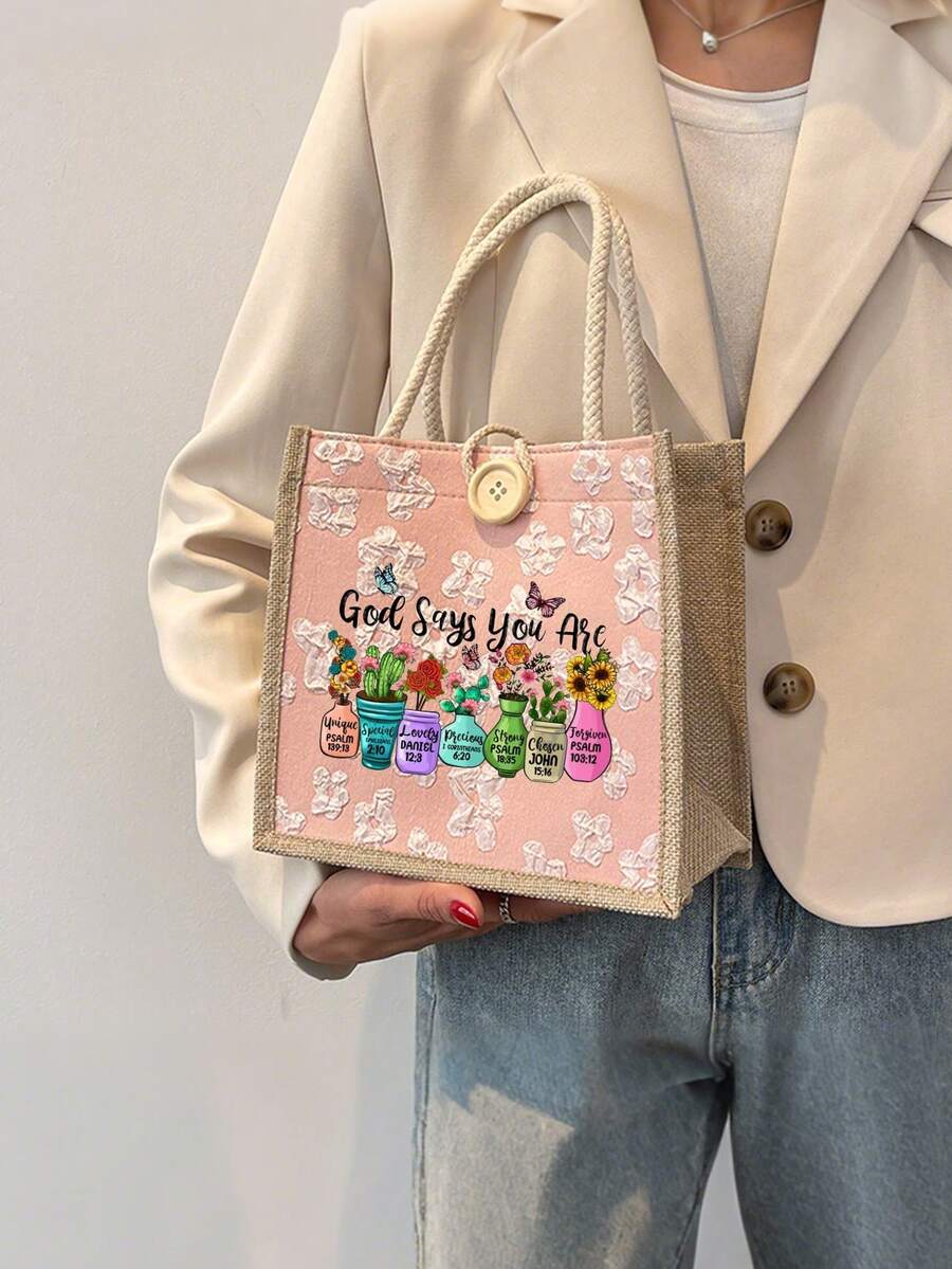 Minimalist Christian Graphic Linen Tote Bag, "God Says You Are Unique", Ideal For Travel And Vacation, Best Gift To Express Faith, Button Decor Shopping Bag, Dual Handles, Reusable Tote Bag, Suitable