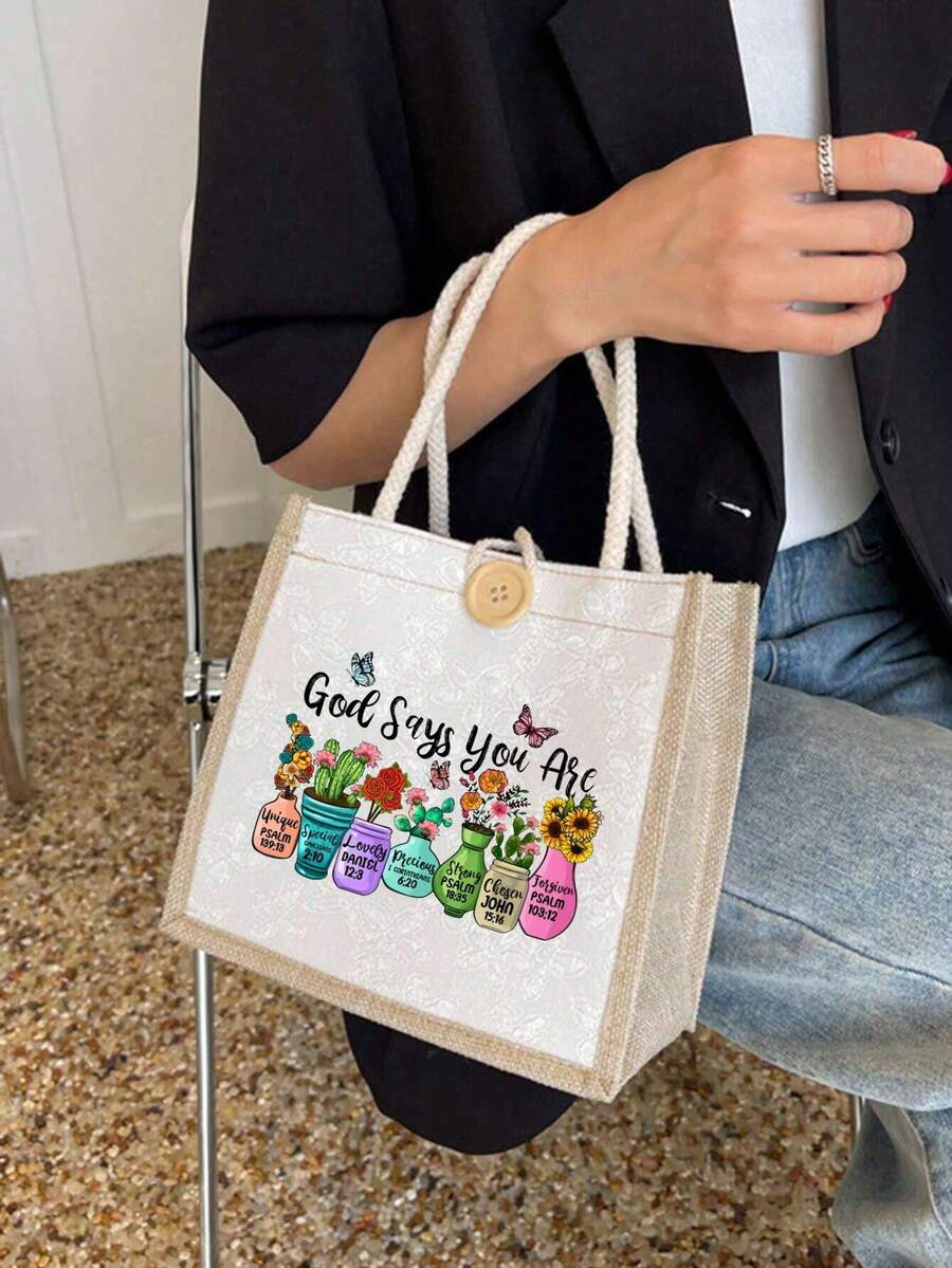 Minimalist Christian Graphic Linen Tote Bag, "God Says You Are Unique", Ideal For Travel And Vacation, Best Gift To Express Faith, Button Decor Shopping Bag, Dual Handles, Reusable Tote Bag, Suitable