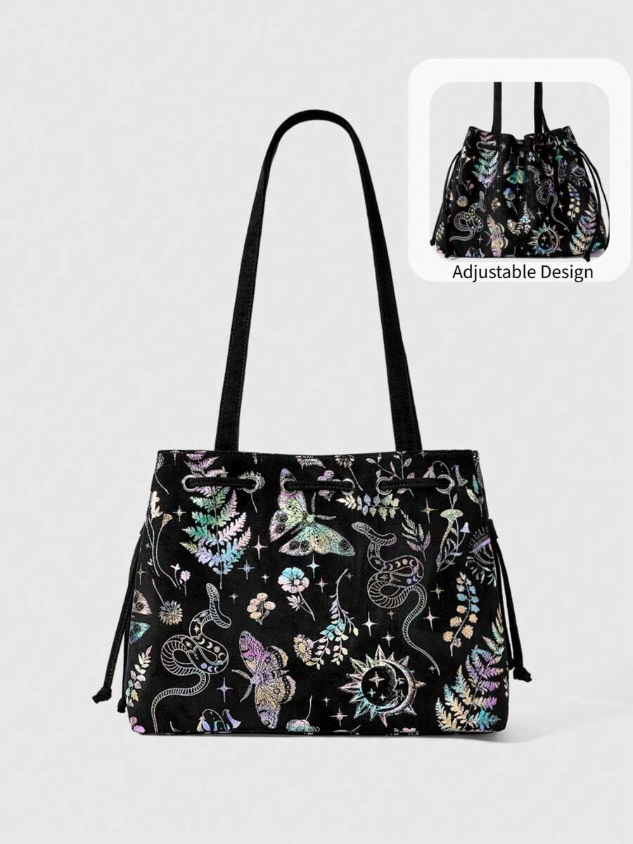 ROMWE Fairycore Gothic Color Window Tote Bag Niche Dark Large Capacity Commuter Bag Laser Magic Flower Window Shoulder Bag