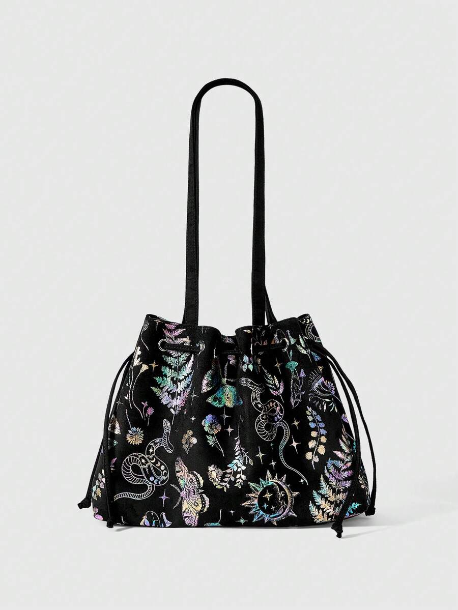 ROMWE Fairycore Gothic Color Window Tote Bag Niche Dark Large Capacity Commuter Bag Laser Magic Flower Window Shoulder Bag