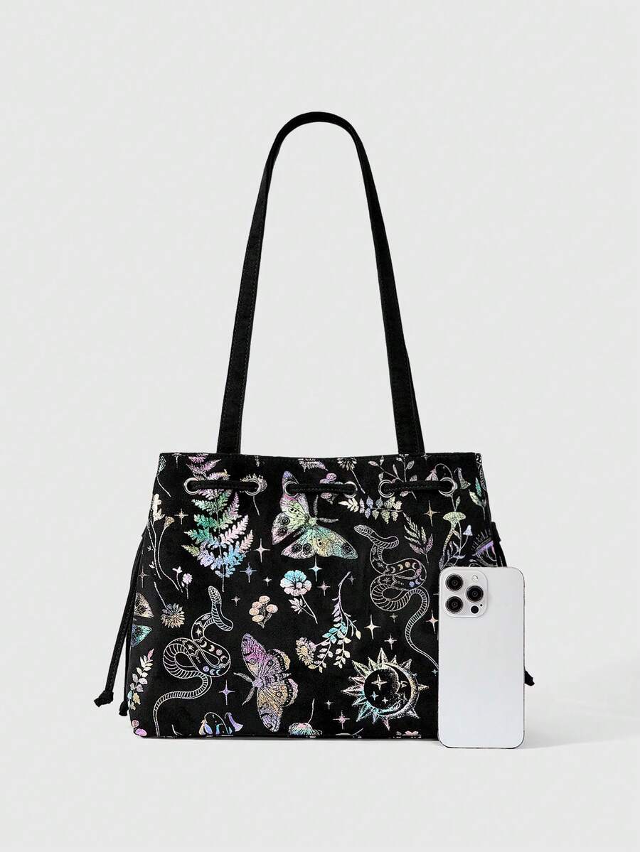ROMWE Fairycore Gothic Color Window Tote Bag Niche Dark Large Capacity Commuter Bag Laser Magic Flower Window Shoulder Bag