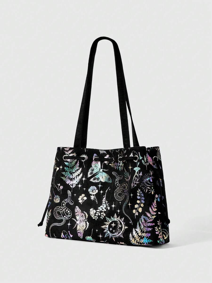 ROMWE Fairycore Floral Butterfly Jungle Suede Tote Shoulder Bag