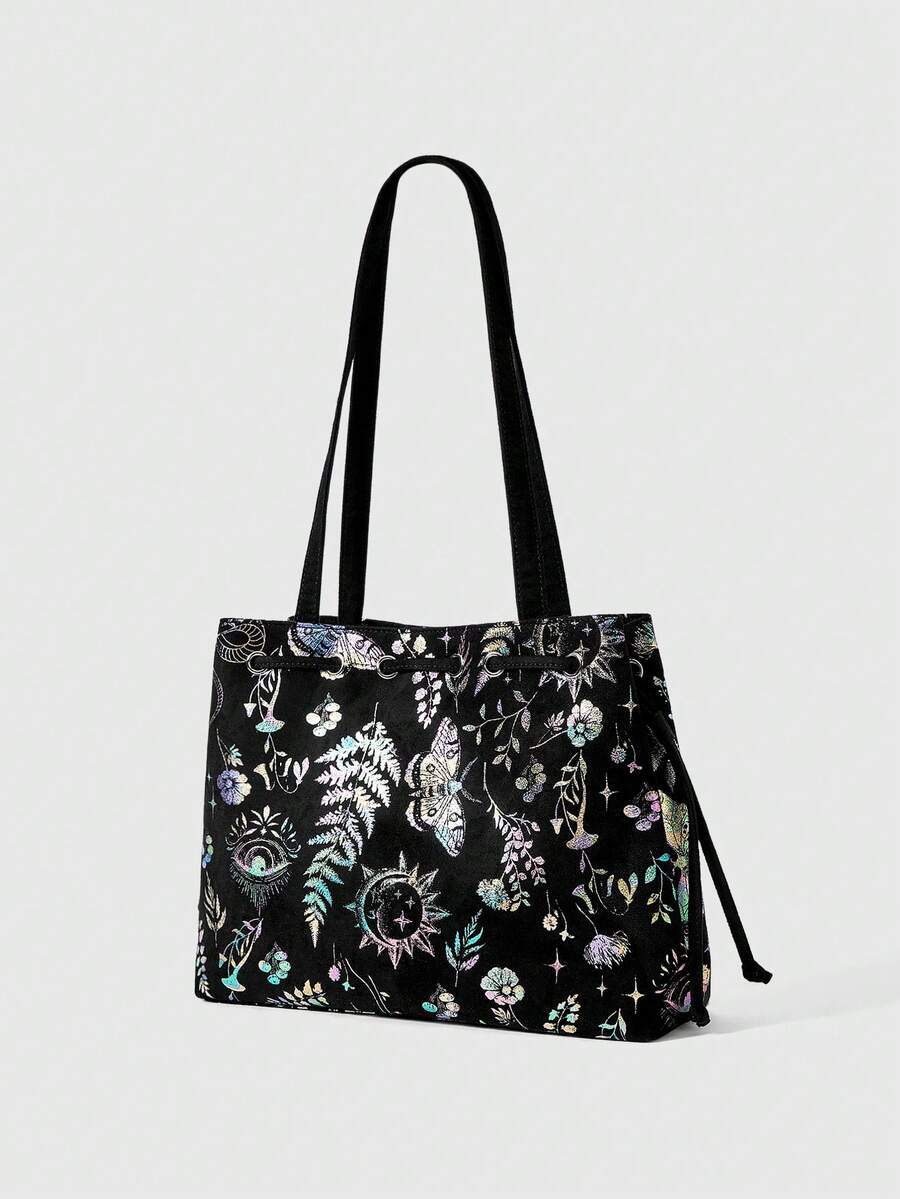 ROMWE Fairycore Floral Butterfly Jungle Suede Tote Shoulder Bag