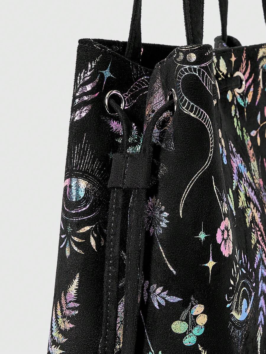 ROMWE Fairycore Floral Butterfly Jungle Suede Tote Shoulder Bag