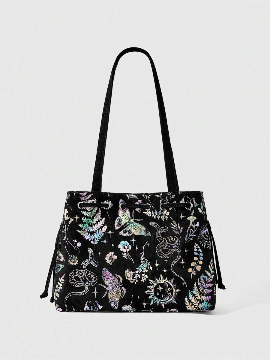 ROMWE Fairycore Floral Butterfly Jungle Suede Tote Shoulder Bag