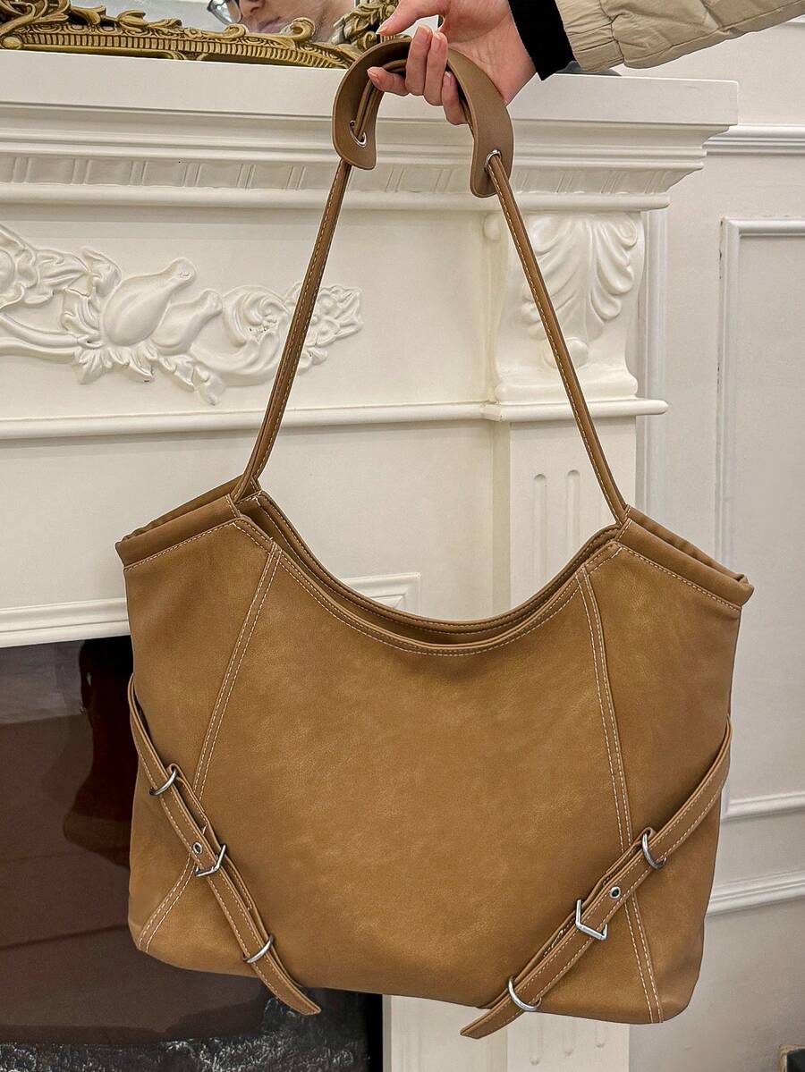 1pc Brown Fashion Soft PU Leather Large Capacity Shoulder Crossbody Bag, Casual Commute Vintage Solid Color Rivet Slouchy Tote Bag For Women, Suitable For Daily Use, Commute, Shopping