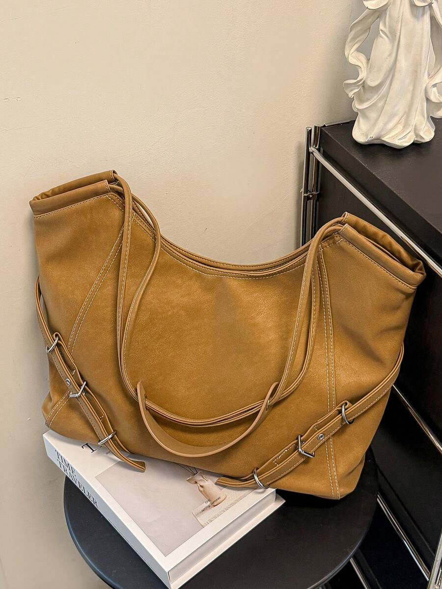 1pc Brown Fashion Soft PU Leather Large Capacity Shoulder Crossbody Bag, Casual Commute Vintage Solid Color Rivet Slouchy Tote Bag For Women, Suitable For Daily Use, Commute, Shopping