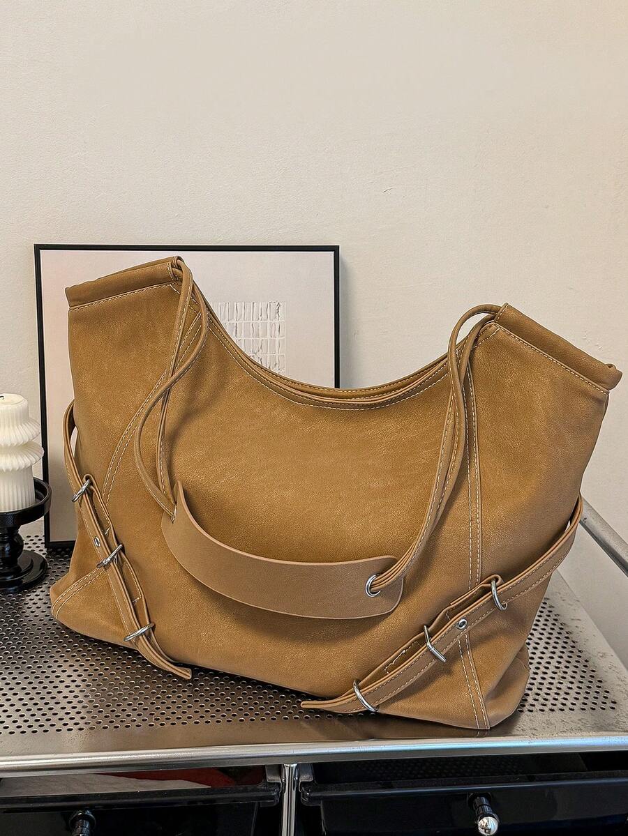 1pc Brown Fashion Soft PU Leather Large Capacity Shoulder Crossbody Bag, Casual Commute Vintage Solid Color Rivet Slouchy Tote Bag For Women, Suitable For Daily Use, Commute, Shopping