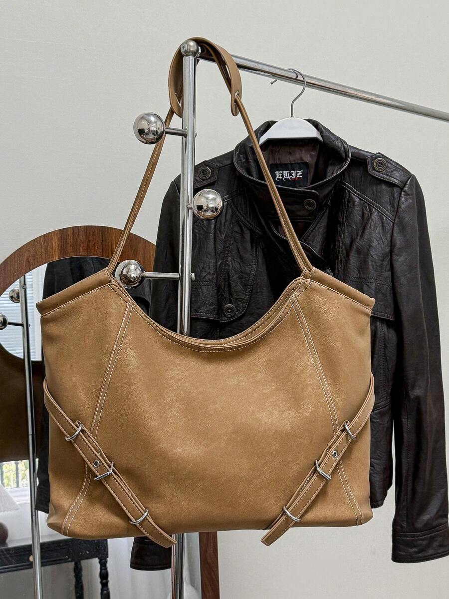 1pc Brown Fashion Soft PU Leather Large Capacity Shoulder Crossbody Bag, Casual Commute Vintage Solid Color Rivet Slouchy Tote Bag For Women, Suitable For Daily Use, Commute, Shopping