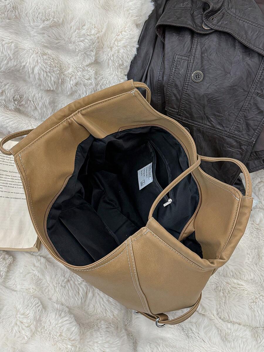 1pc Brown Fashion Soft PU Leather Large Capacity Shoulder Crossbody Bag, Casual Commute Vintage Solid Color Rivet Slouchy Tote Bag For Women, Suitable For Daily Use, Commute, Shopping