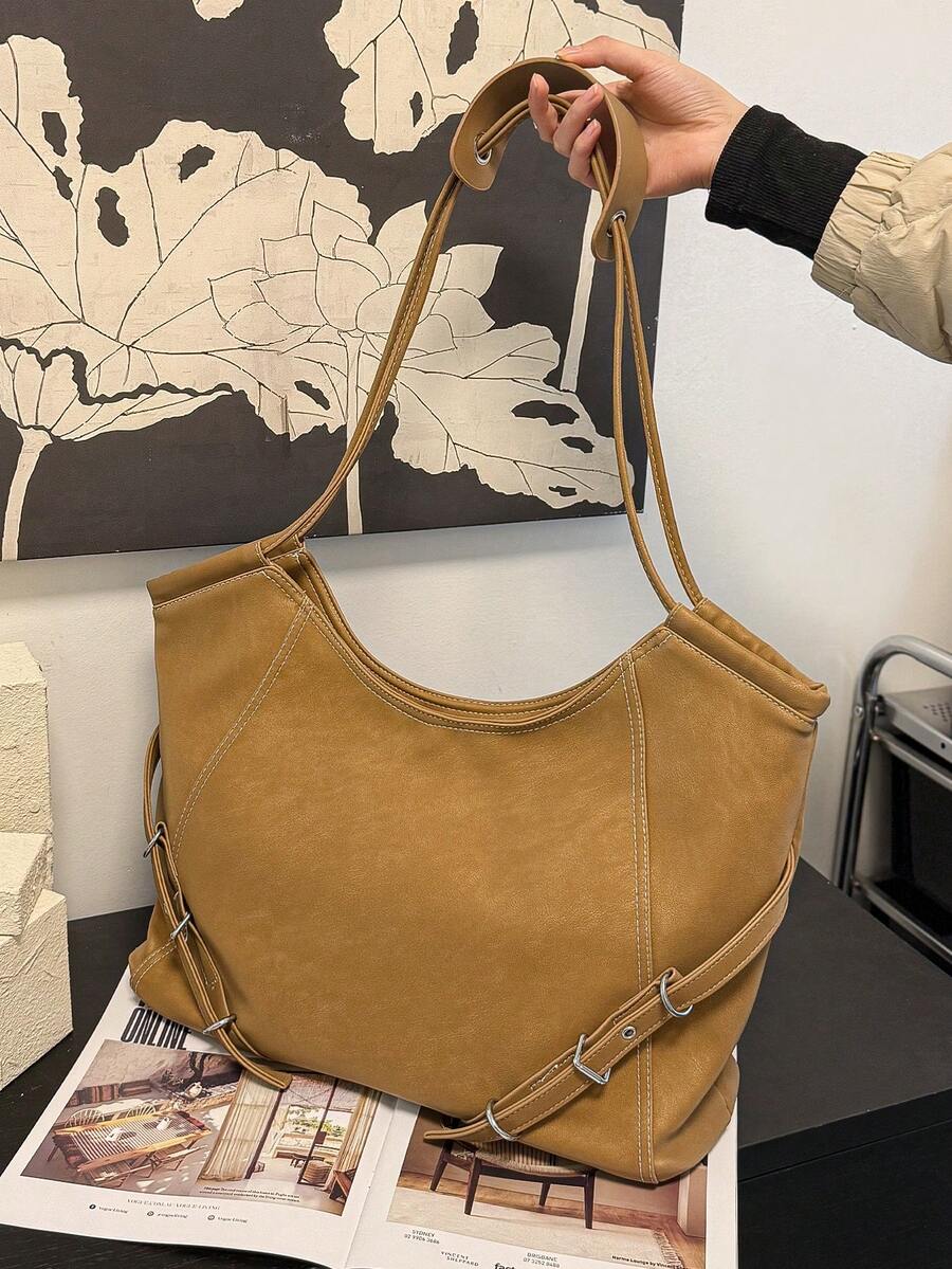 1pc Brown Fashion Soft PU Leather Large Capacity Shoulder Crossbody Bag, Casual Commute Vintage Solid Color Rivet Slouchy Tote Bag For Women, Suitable For Daily Use, Commute, Shopping
