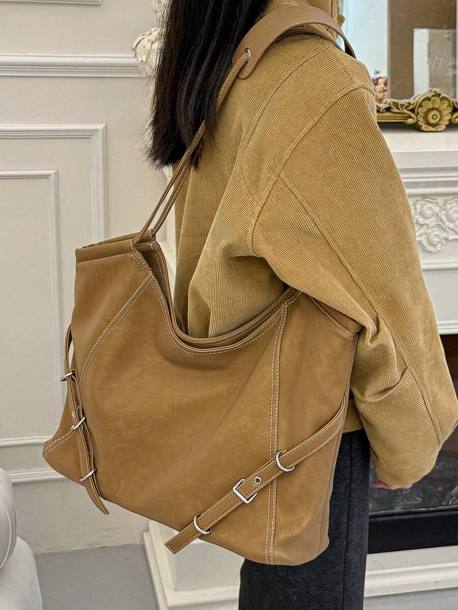 1pc Brown Fashion Soft PU Leather Large Capacity Shoulder Crossbody Bag, Casual Commute Vintage Solid Color Rivet Slouchy Tote Bag For Women, Suitable For Daily Use, Commute, Shopping