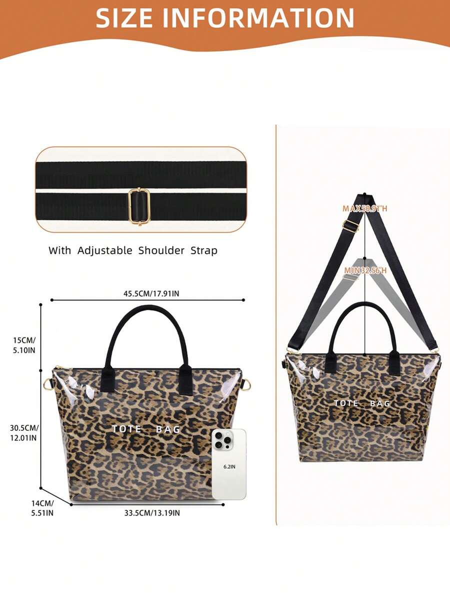 Women's Leopard Print Tote Bag Waterproof PVC Shoulder Handbag With Scarf- Large Animal Pattern Crossbody Purse With Adjustable Strap