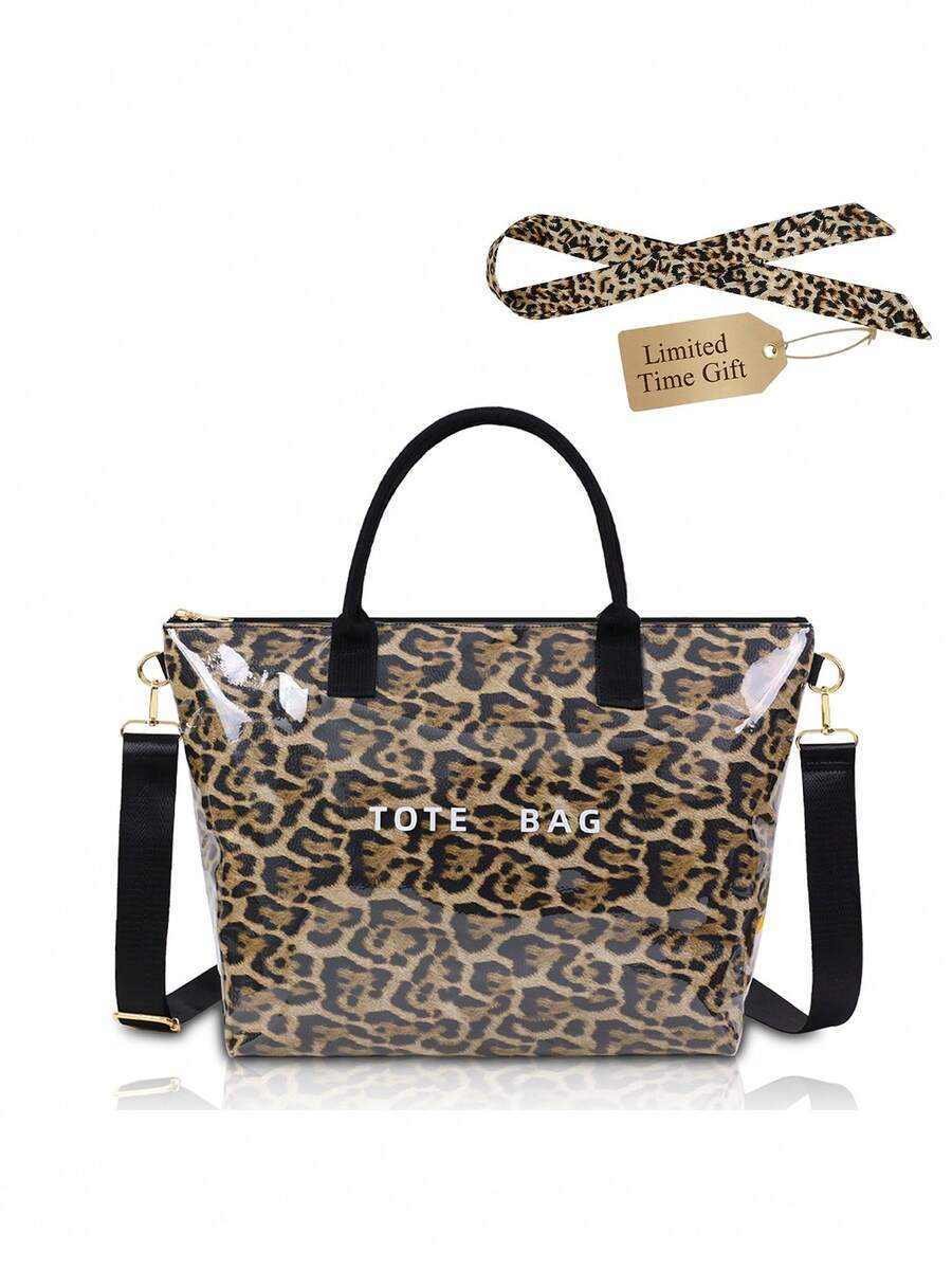 Women's Leopard Print Tote Bag Waterproof PVC Shoulder Handbag With Scarf- Large Animal Pattern Crossbody Purse With Adjustable Strap