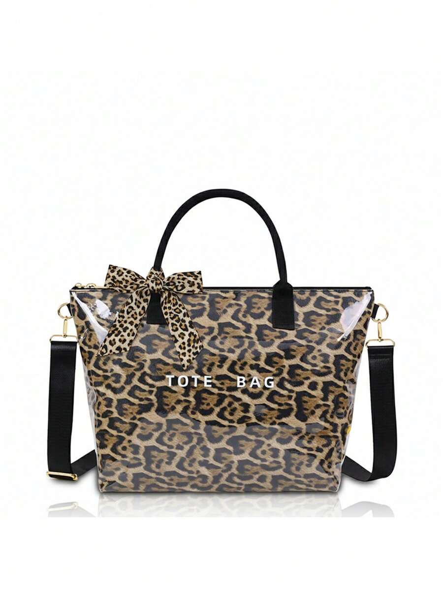 Women's Leopard Print Tote Bag Waterproof PVC Shoulder Handbag With Scarf- Large Animal Pattern Crossbody Purse With Adjustable Strap