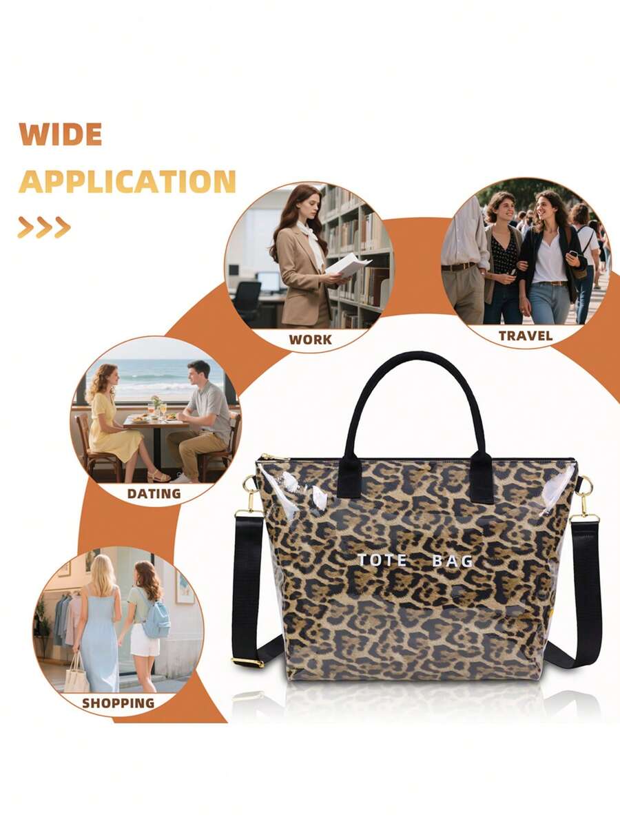Women's Leopard Print Tote Bag Waterproof PVC Shoulder Handbag With Scarf- Large Animal Pattern Crossbody Purse With Adjustable Strap