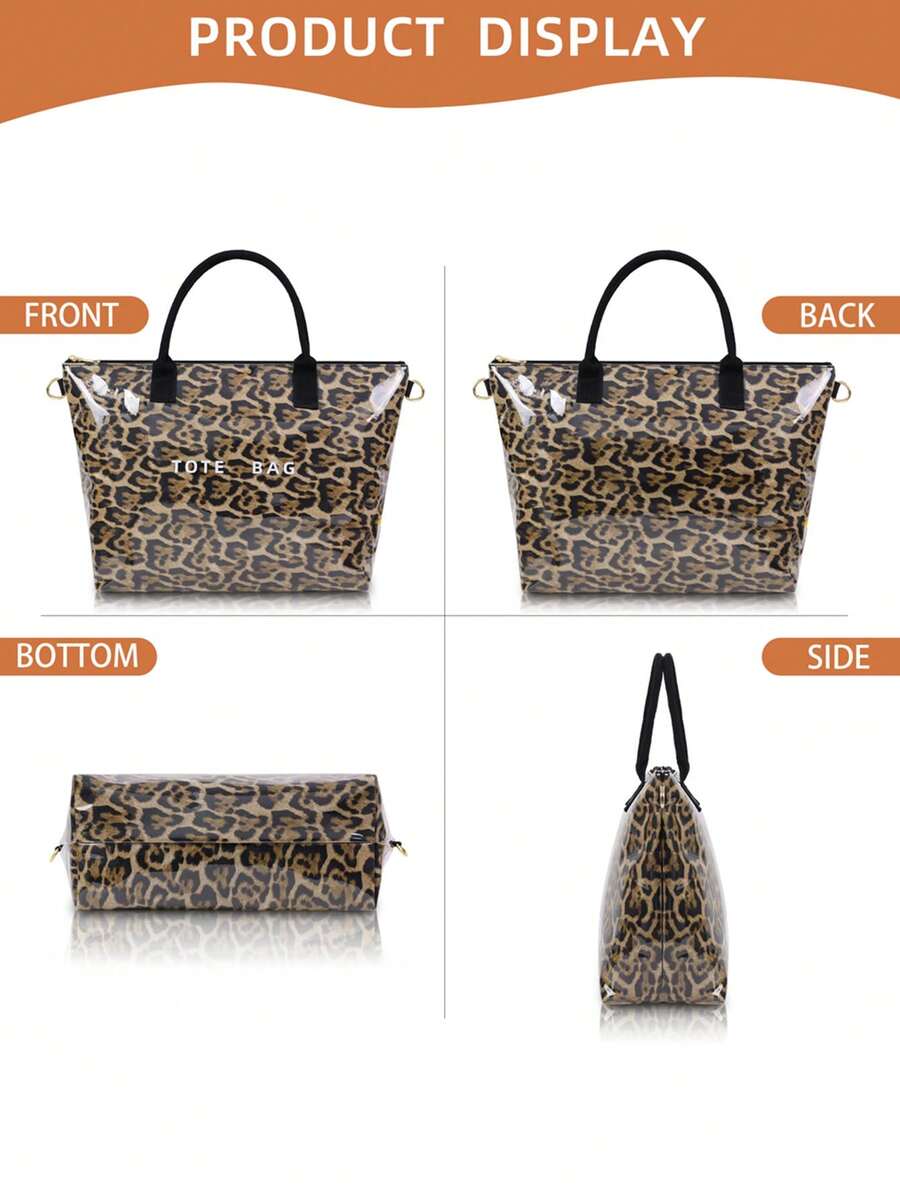 Women's Leopard Print Tote Bag Waterproof PVC Shoulder Handbag With Scarf- Large Animal Pattern Crossbody Purse With Adjustable Strap