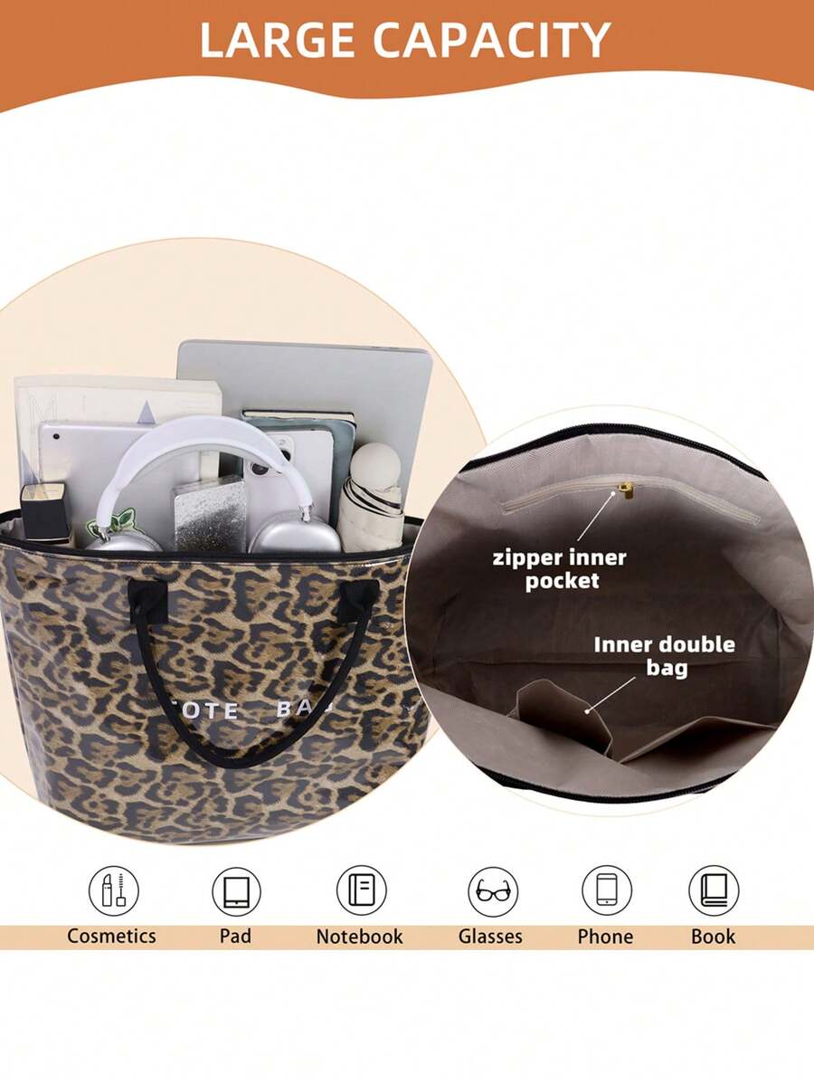 Women's Leopard Print Tote Bag Waterproof PVC Shoulder Handbag With Scarf- Large Animal Pattern Crossbody Purse With Adjustable Strap