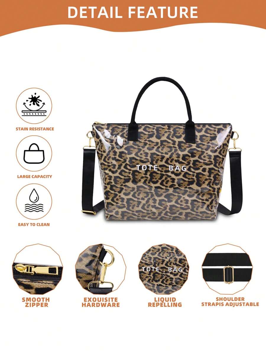 Women's Leopard Print Tote Bag Waterproof PVC Shoulder Handbag With Scarf- Large Animal Pattern Crossbody Purse With Adjustable Strap