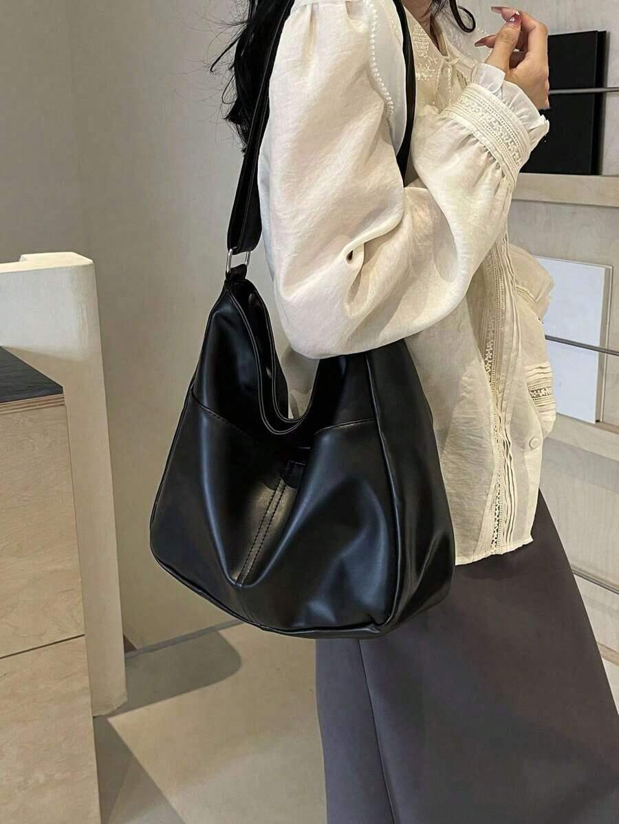 Women's Soft Black Faux Leather Large Hobo Tote Bag, Adjustable Crossbody Strap With Cute Doll Charm For Work Shopping Travel