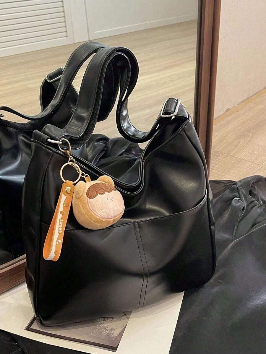 Women's Soft Black Faux Leather Large Hobo Tote Bag, Adjustable Crossbody Strap With Cute Doll Charm For Work Shopping Travel