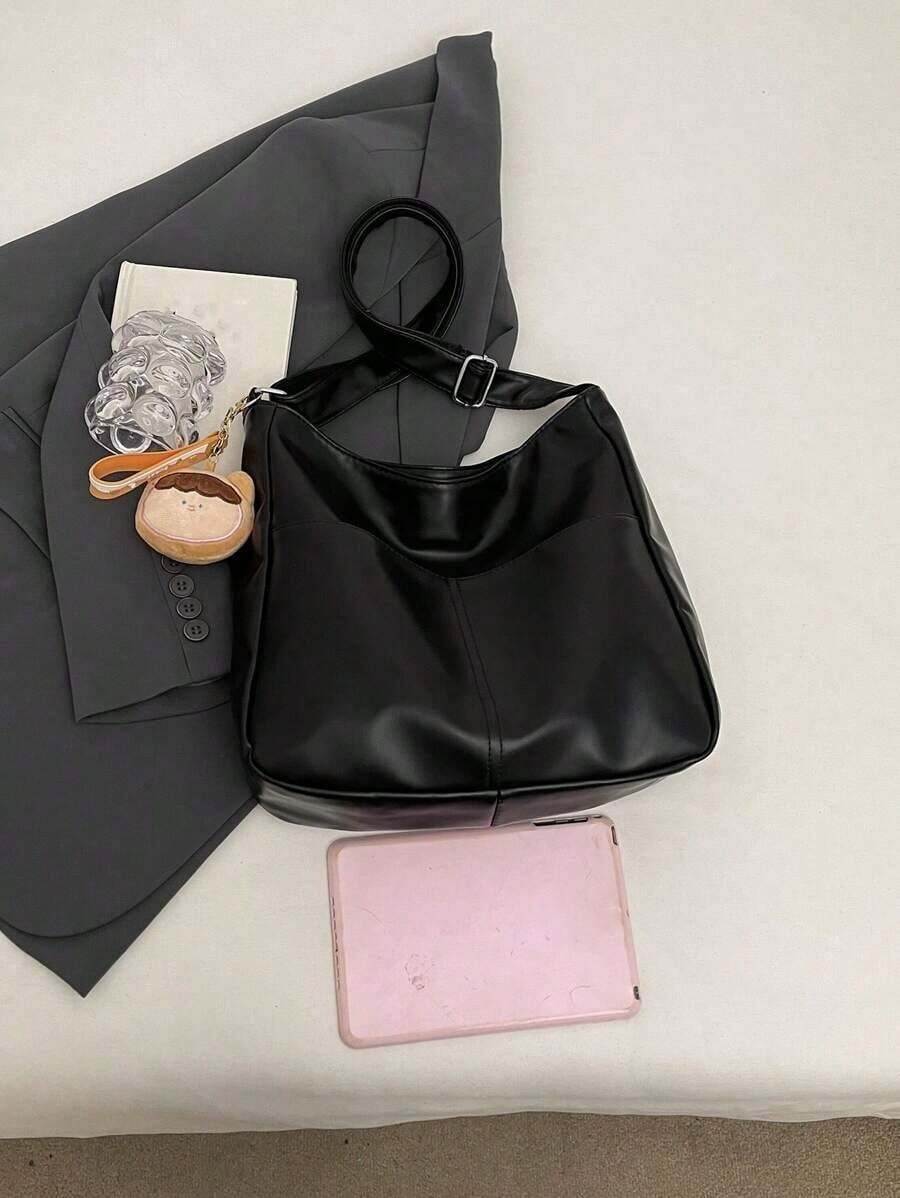 Women's Soft Black Faux Leather Large Hobo Tote Bag, Adjustable Crossbody Strap With Cute Doll Charm For Work Shopping Travel
